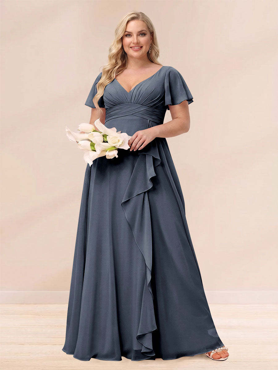 A Line Princess V Neck Long Plus size Bridesmaid Dresses with Ruffles