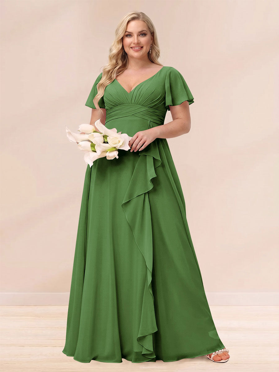 A Line Princess V Neck Long Plus size Bridesmaid Dresses with Ruffles