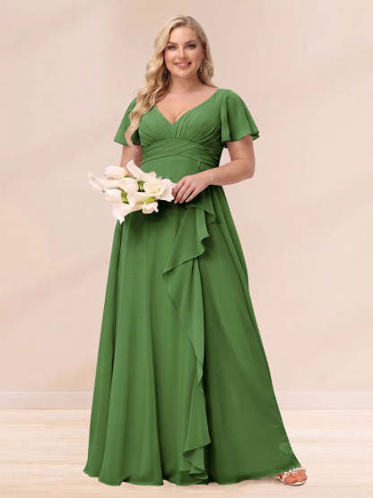 A Line Princess V Neck Long Plus size Bridesmaid Dresses with Ruffles