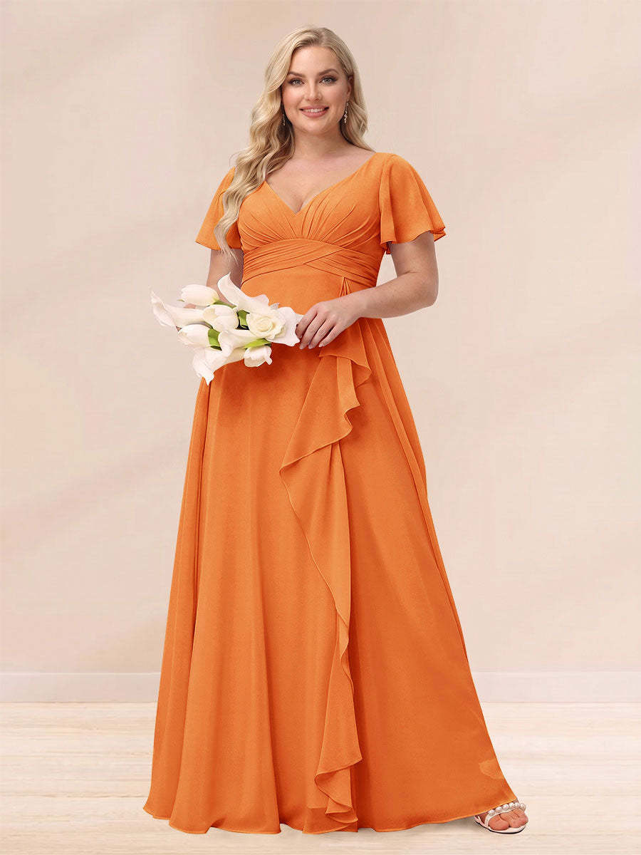 A Line Princess V Neck Long Plus size Bridesmaid Dresses with Ruffles