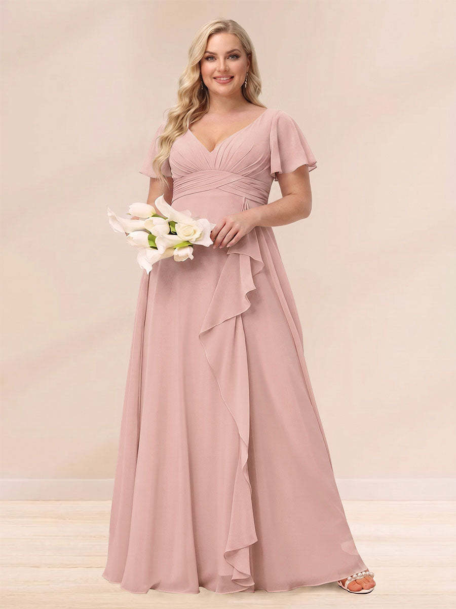 A Line Princess V Neck Long Plus size Bridesmaid Dresses with Ruffles