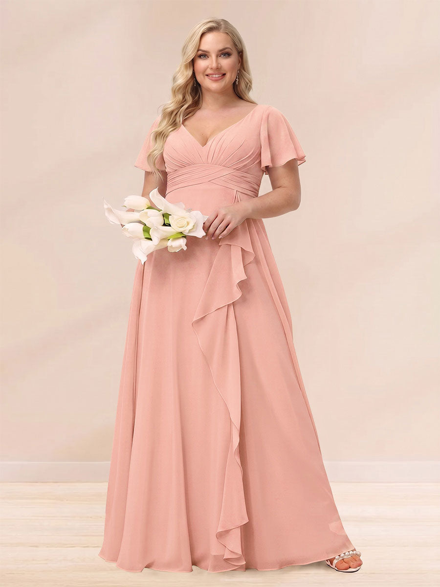 A Line Princess V Neck Long Plus size Bridesmaid Dresses with Ruffles