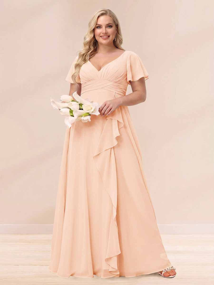 A Line Princess V Neck Long Plus size Bridesmaid Dresses with Ruffles