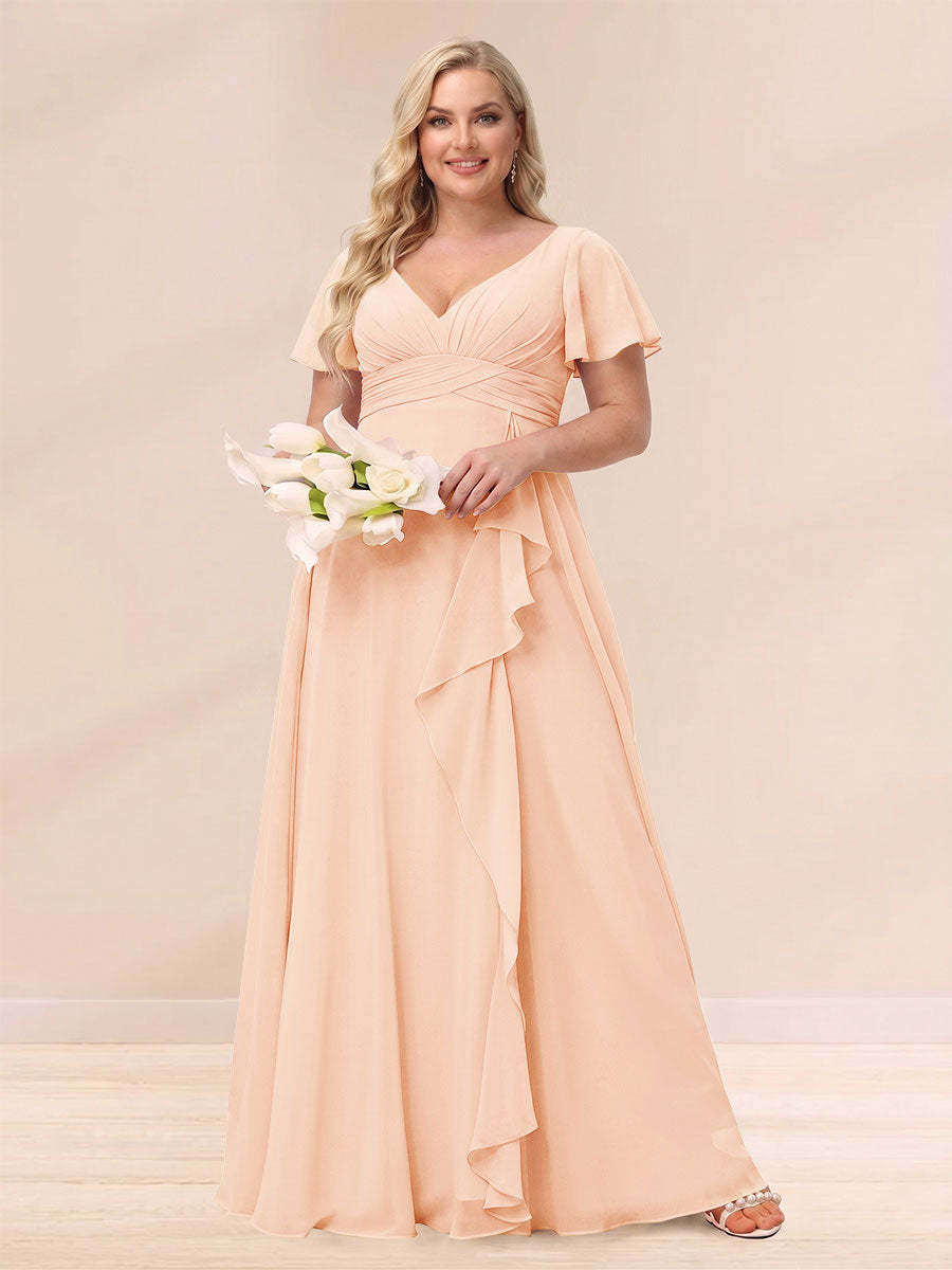 A Line Princess V Neck Long Plus size Bridesmaid Dresses with Ruffles
