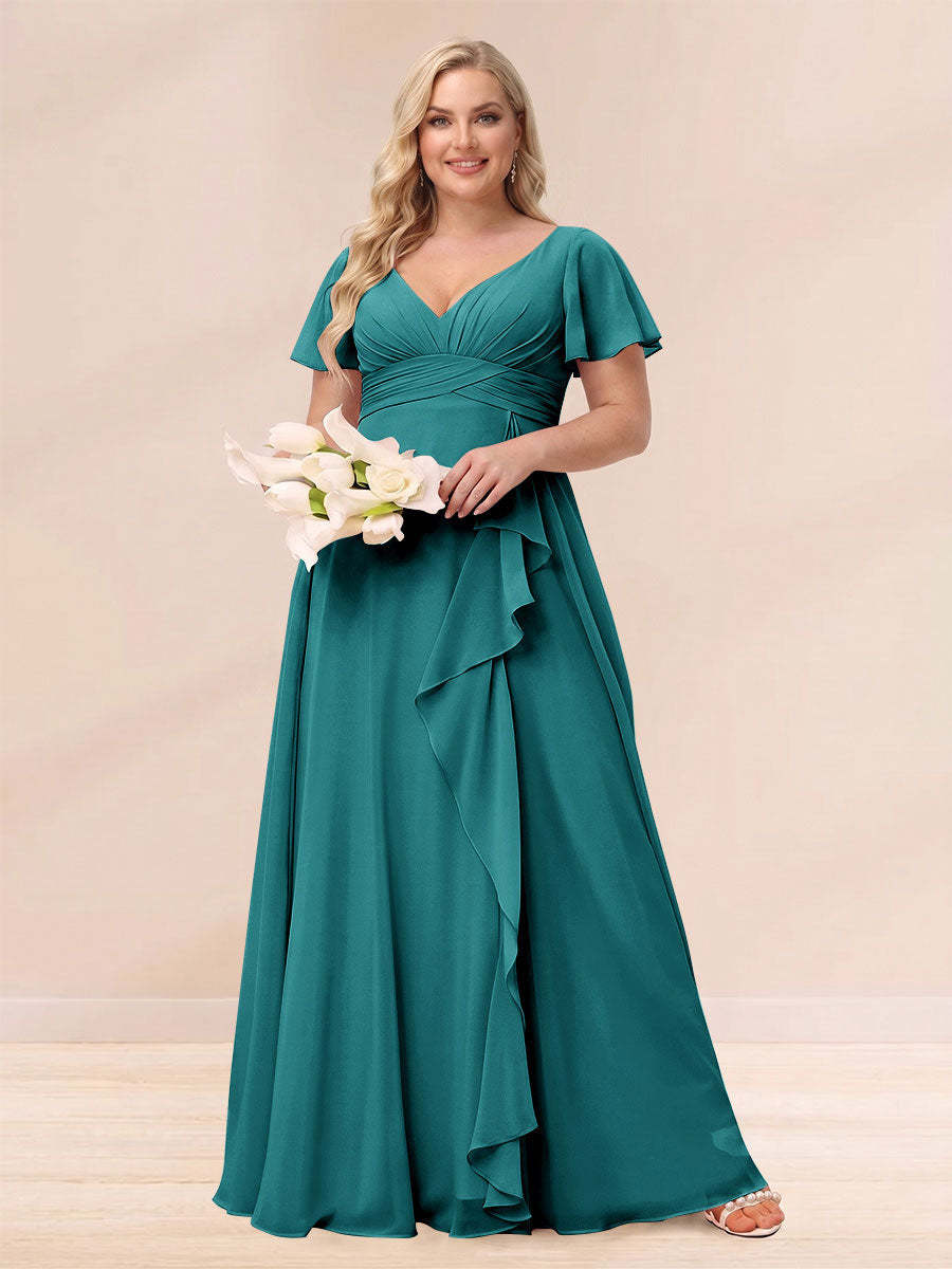 A Line Princess V Neck Long Plus size Bridesmaid Dresses with Ruffles