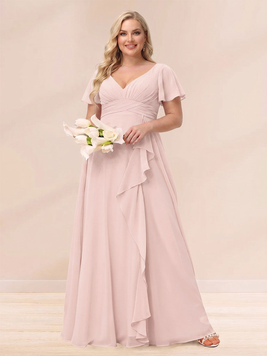A Line Princess V Neck Long Plus size Bridesmaid Dresses with Ruffles