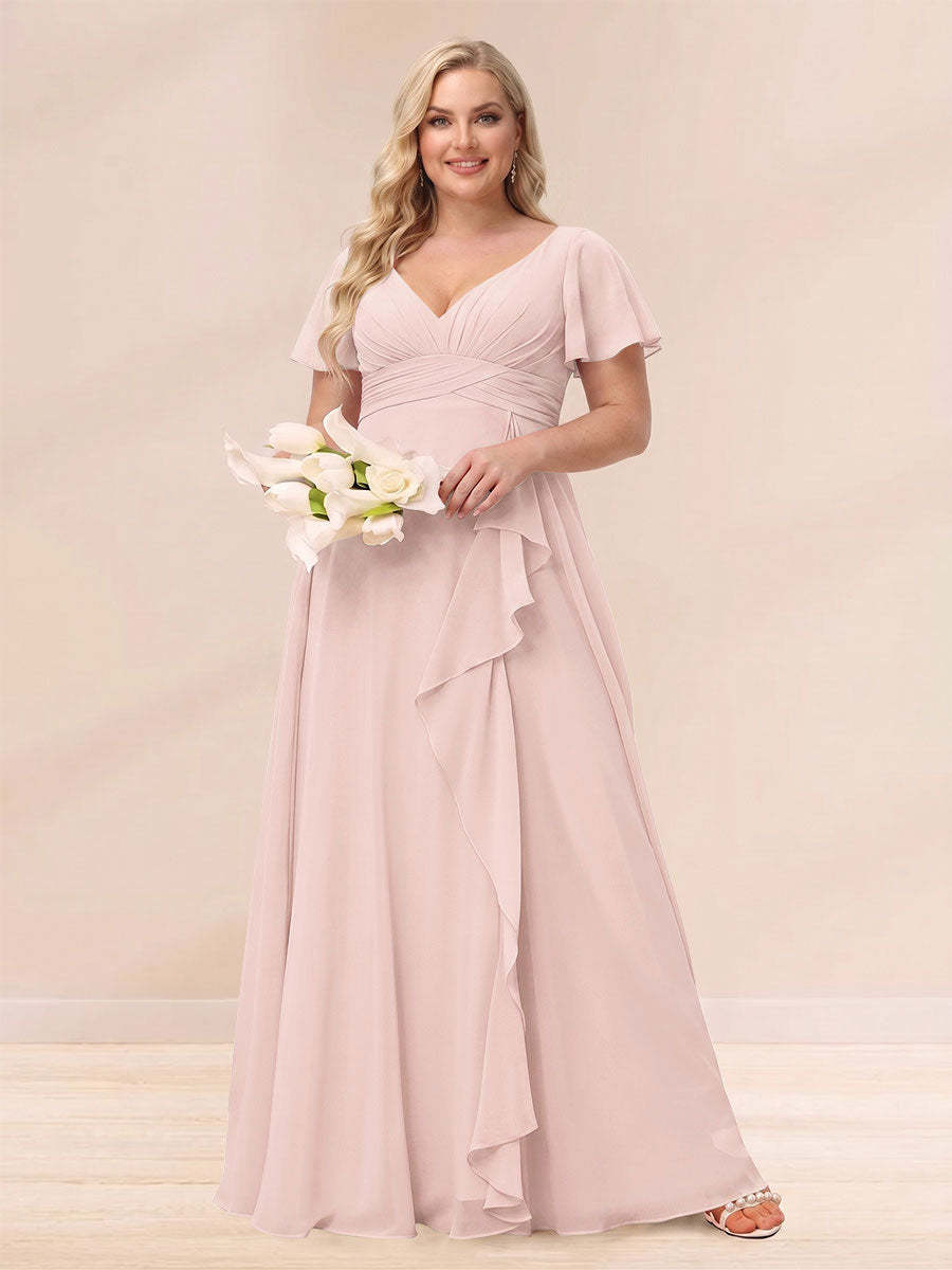 A Line Princess V Neck Long Plus size Bridesmaid Dresses with Ruffles