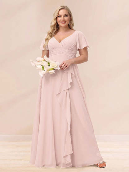 A Line Princess V Neck Long Plus size Bridesmaid Dresses with Ruffles