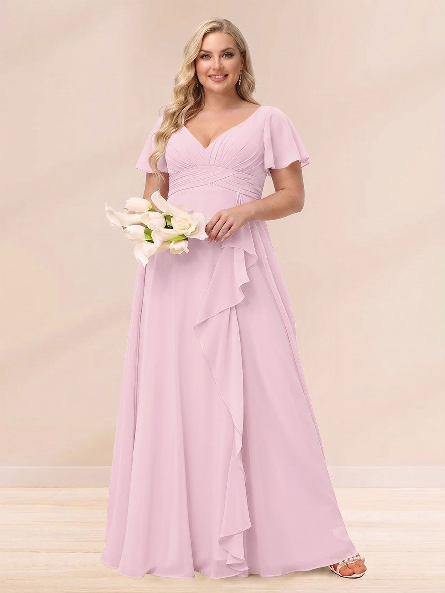 A Line Princess V Neck Long Plus size Bridesmaid Dresses with Ruffles