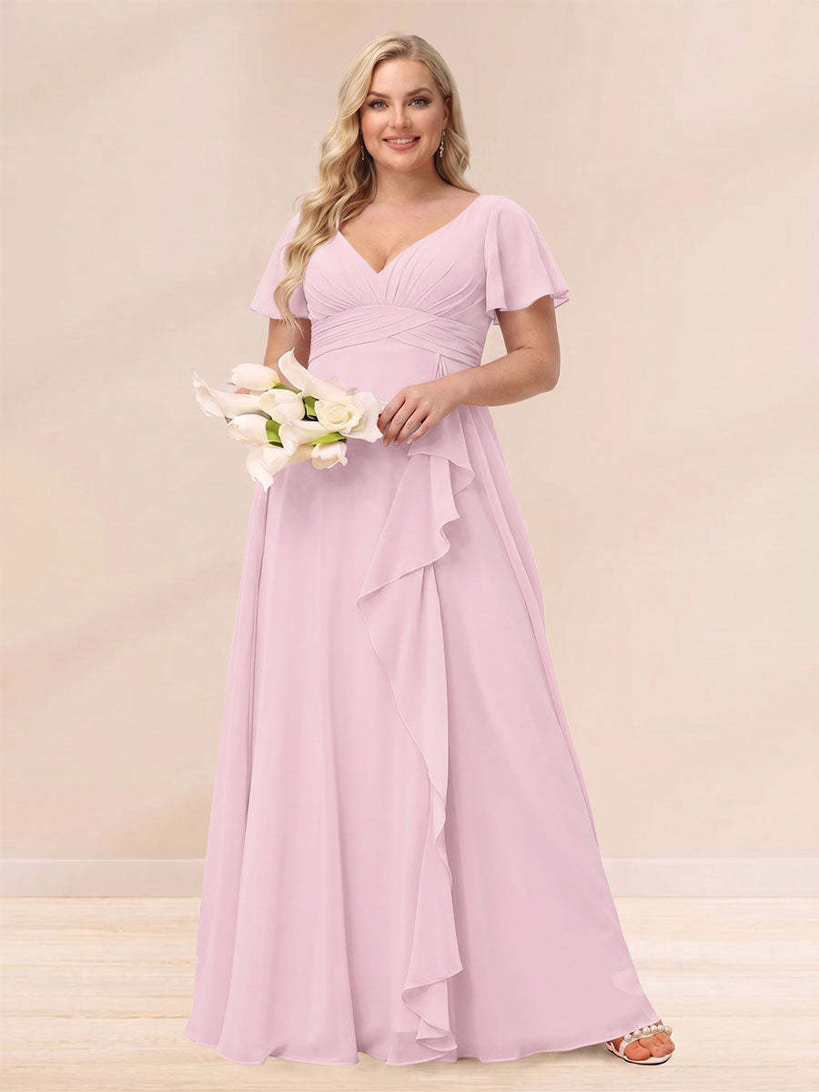 A Line Princess V Neck Long Plus size Bridesmaid Dresses with Ruffles