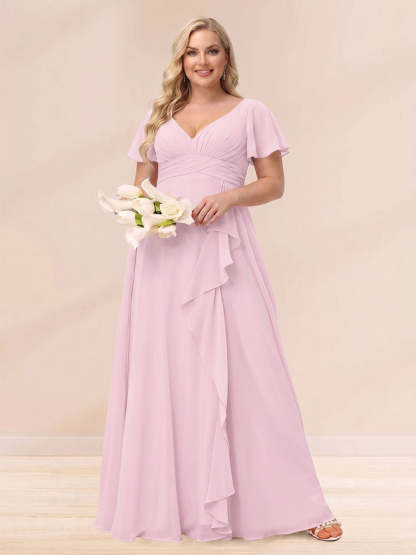 A Line Princess V Neck Long Plus size Bridesmaid Dresses with Ruffles
