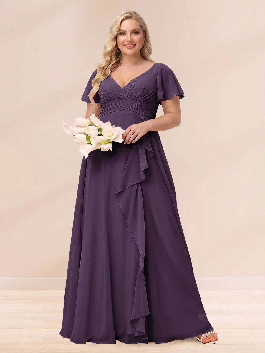 A Line Princess V Neck Long Plus size Bridesmaid Dresses with Ruffles