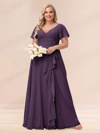 A Line Princess V Neck Long Plus size Bridesmaid Dresses with Ruffles