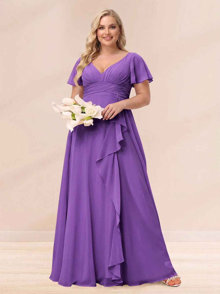 A Line Princess V Neck Long Plus size Bridesmaid Dresses with Ruffles