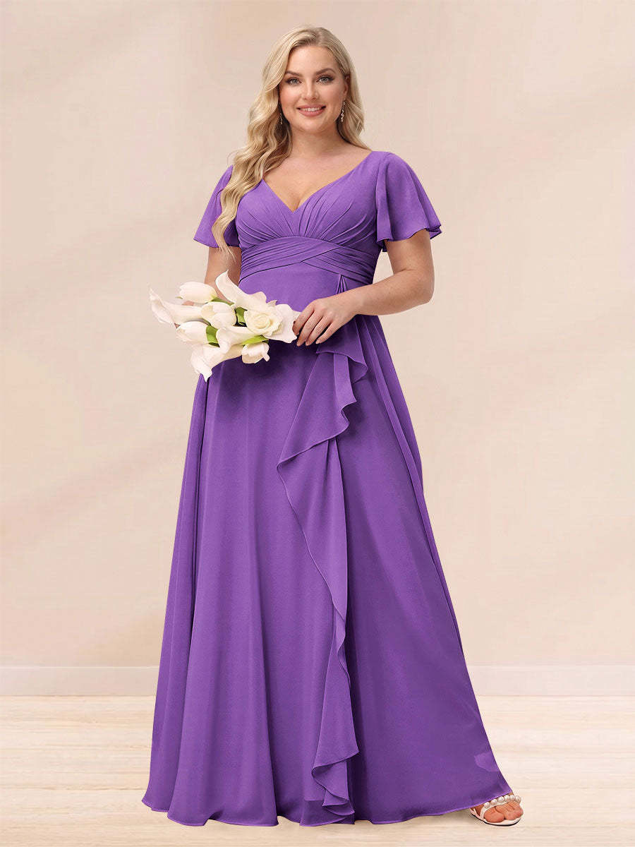 A Line Princess V Neck Long Plus size Bridesmaid Dresses with Ruffles