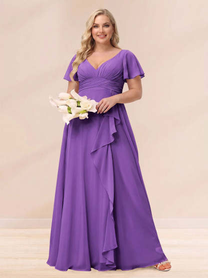 A Line Princess V Neck Long Plus size Bridesmaid Dresses with Ruffles