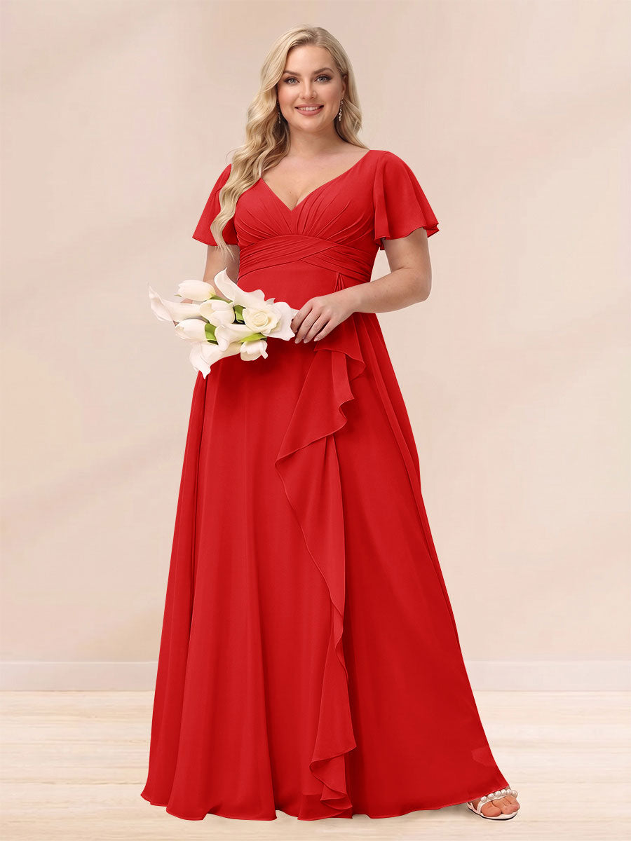 A Line Princess V Neck Long Plus size Bridesmaid Dresses with Ruffles
