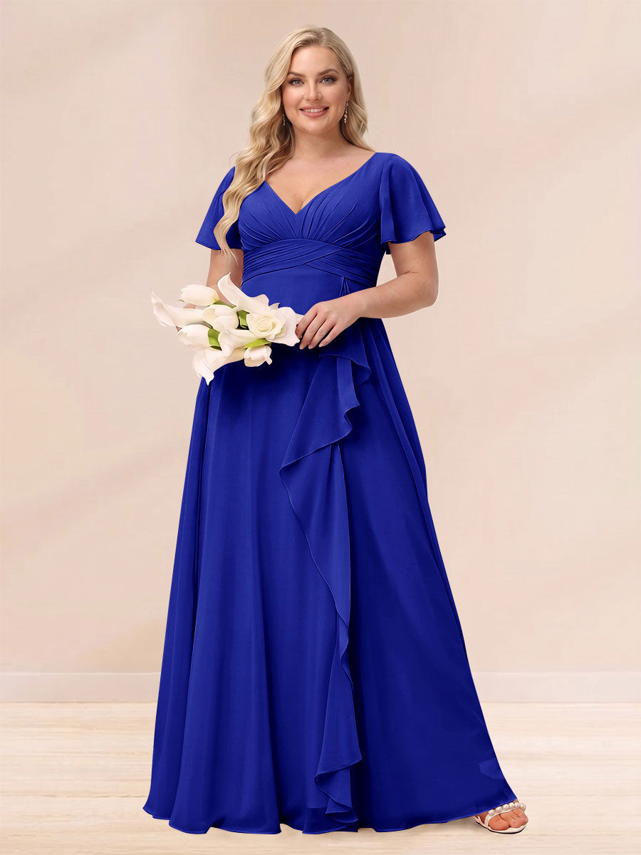 A Line Princess V Neck Long Plus size Bridesmaid Dresses with Ruffles