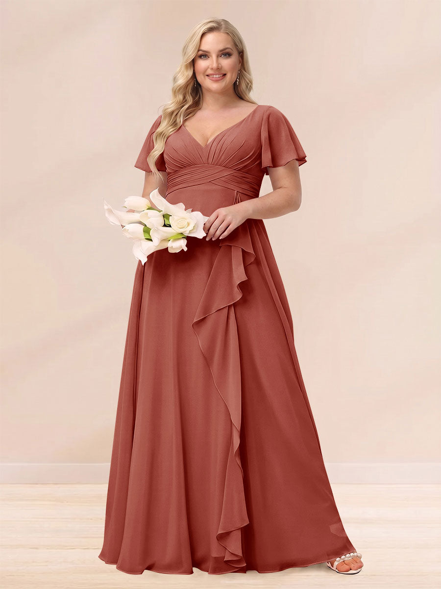 A Line Princess V Neck Long Plus size Bridesmaid Dresses with Ruffles