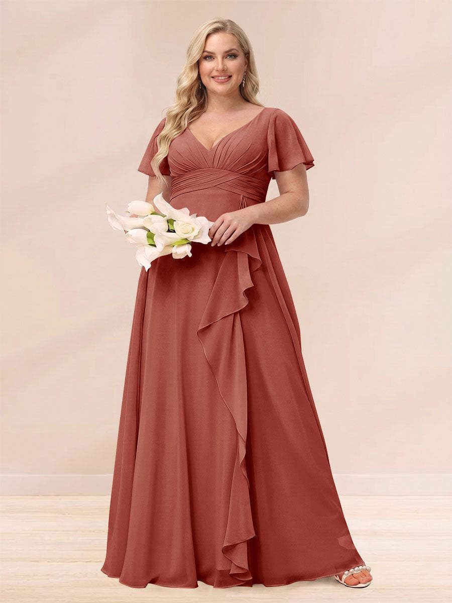 A Line Princess V Neck Long Plus size Bridesmaid Dresses with Ruffles