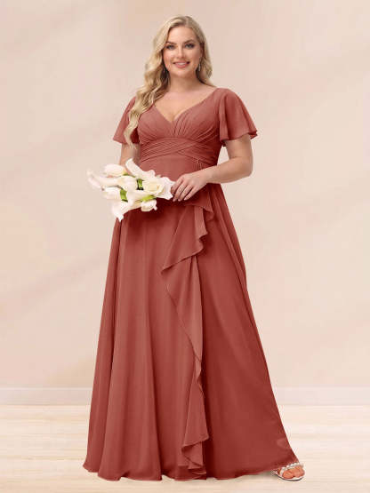 A Line Princess V Neck Long Plus size Bridesmaid Dresses with Ruffles