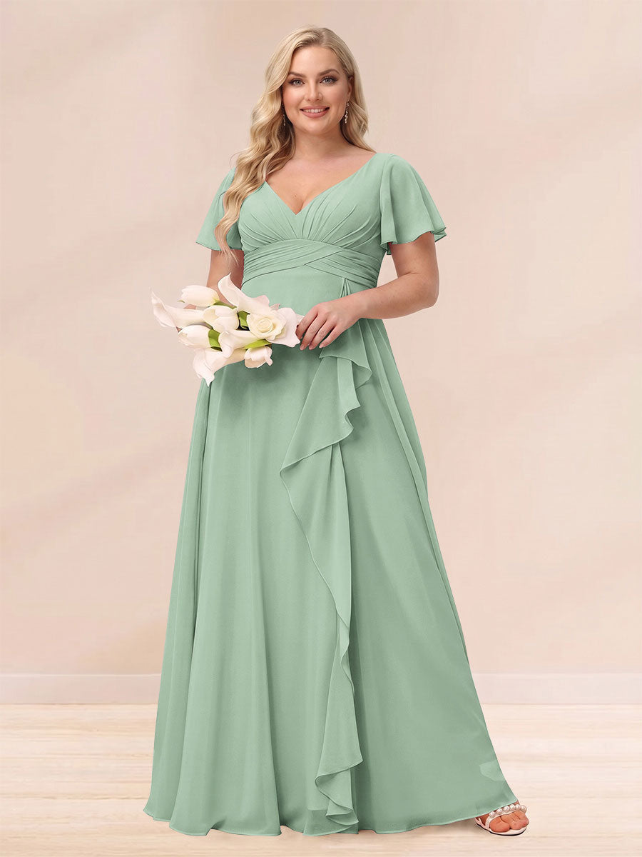 A Line Princess V Neck Long Plus size Bridesmaid Dresses with Ruffles
