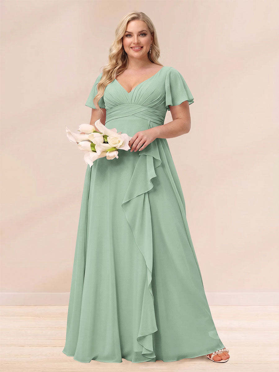 A Line Princess V Neck Long Plus size Bridesmaid Dresses with Ruffles