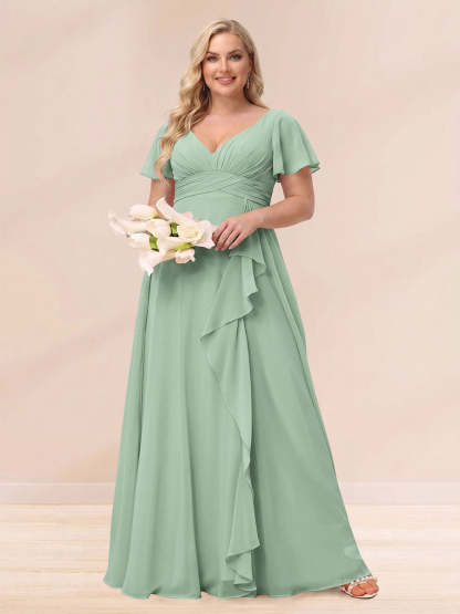 A Line Princess V Neck Long Plus size Bridesmaid Dresses with Ruffles