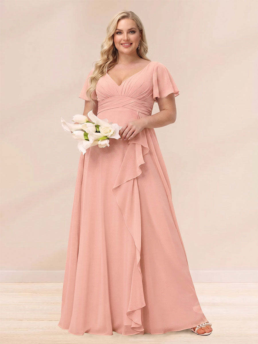 A Line Princess V Neck Long Plus size Bridesmaid Dresses with Ruffles