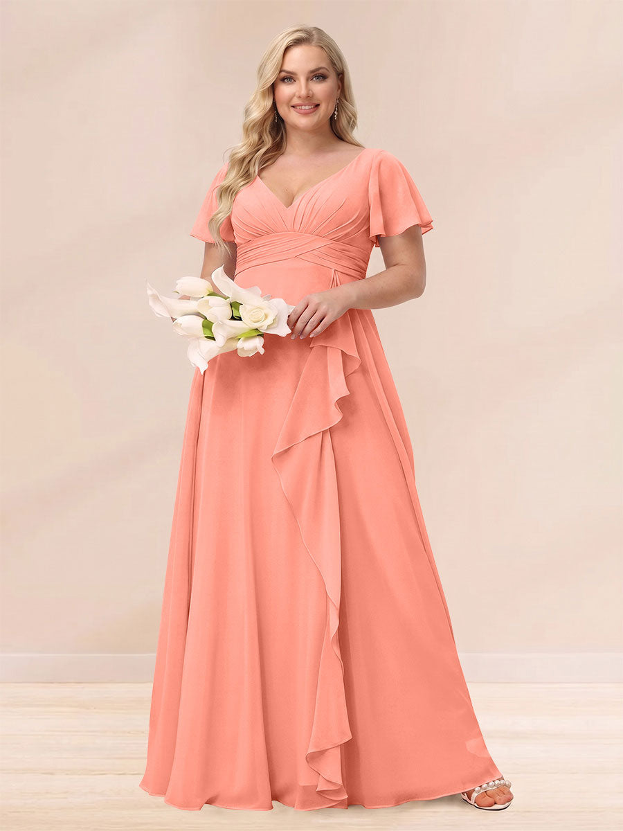 A Line Princess V Neck Long Plus size Bridesmaid Dresses with Ruffles