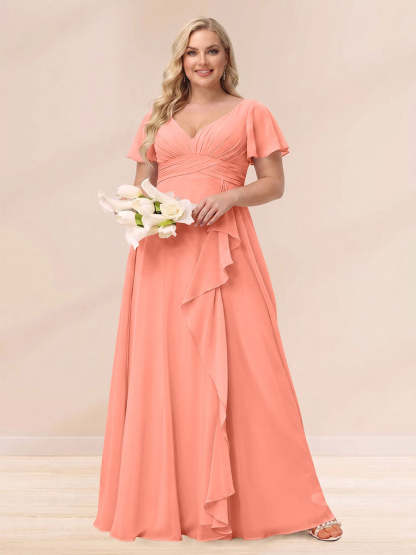 A Line Princess V Neck Long Plus size Bridesmaid Dresses with Ruffles