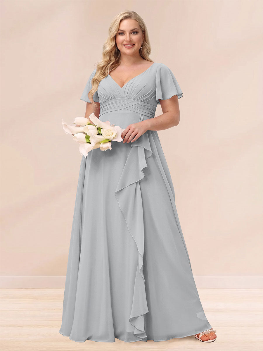 A Line Princess V Neck Long Plus size Bridesmaid Dresses with Ruffles