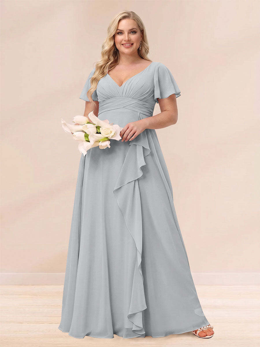 A Line Princess V Neck Long Plus size Bridesmaid Dresses with Ruffles