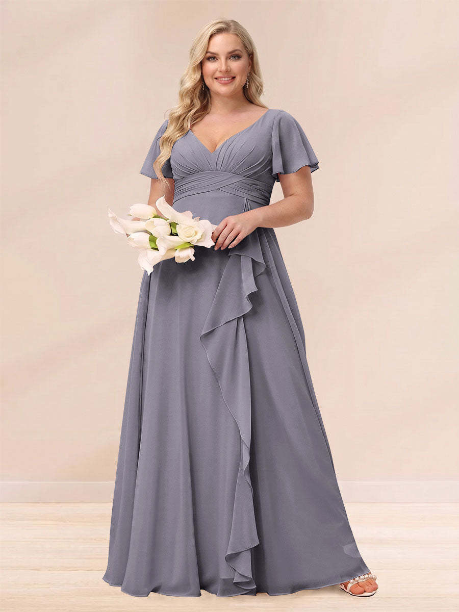 A Line Princess V Neck Long Plus size Bridesmaid Dresses with Ruffles