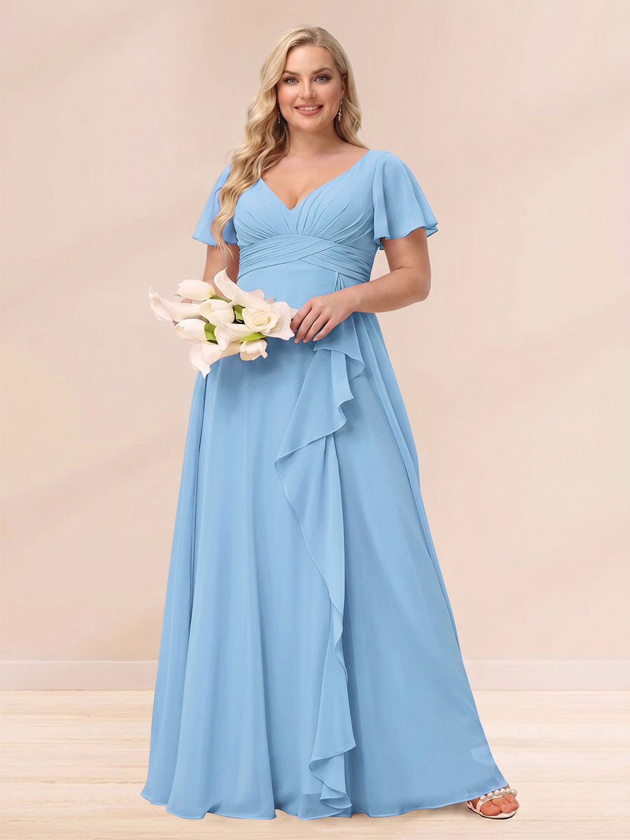 A Line Princess V Neck Long Plus size Bridesmaid Dresses with Ruffles