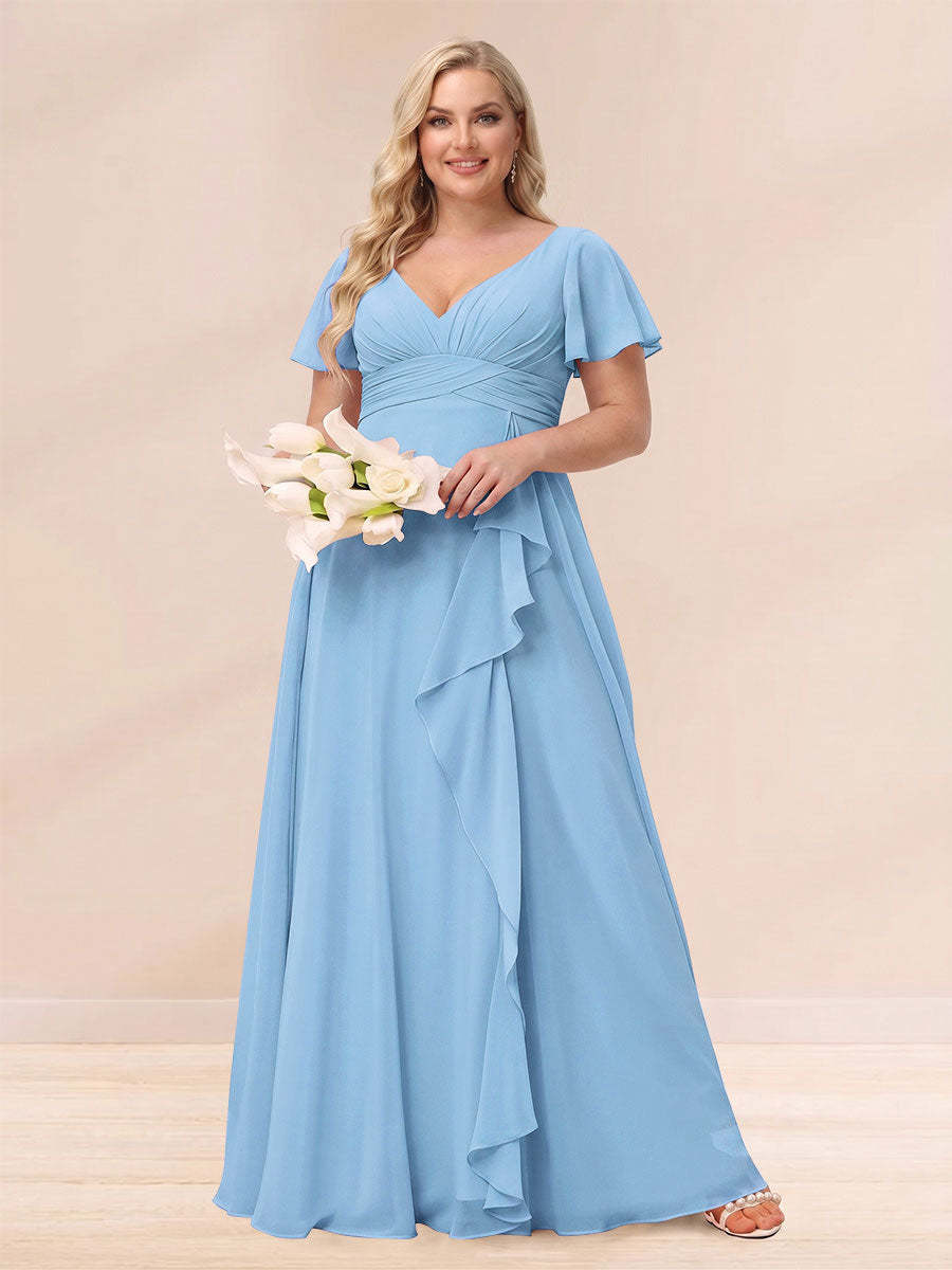A Line Princess V Neck Long Plus size Bridesmaid Dresses with Ruffles
