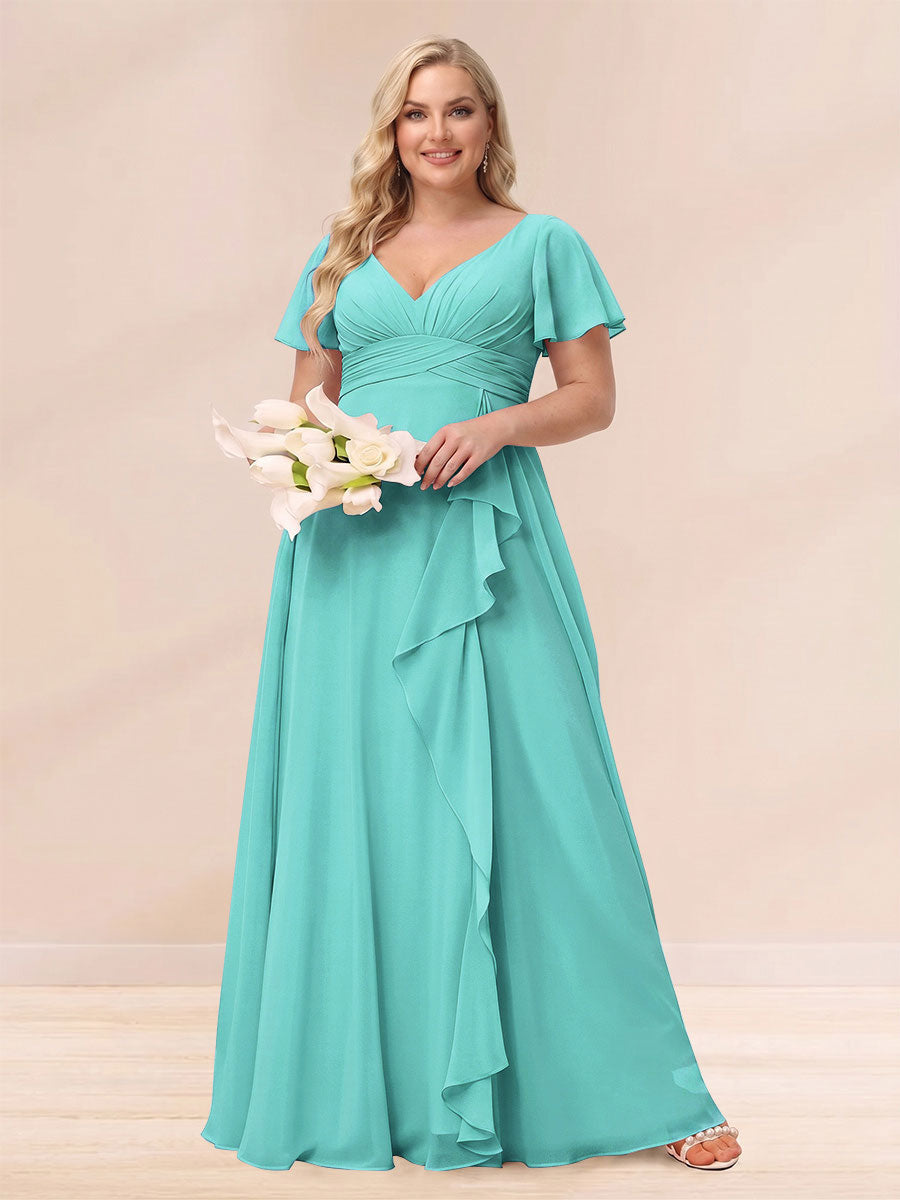 A Line Princess V Neck Long Plus size Bridesmaid Dresses with Ruffles