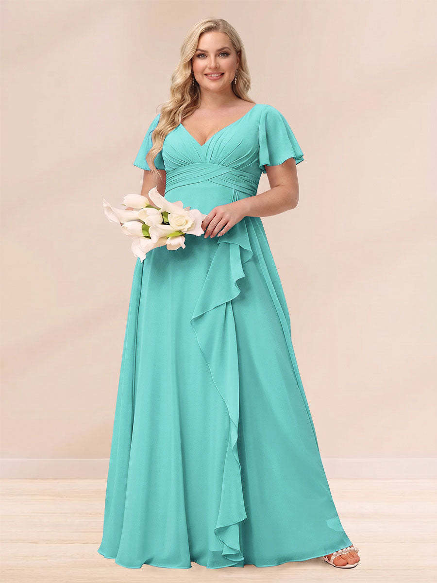 A Line Princess V Neck Long Plus size Bridesmaid Dresses with Ruffles