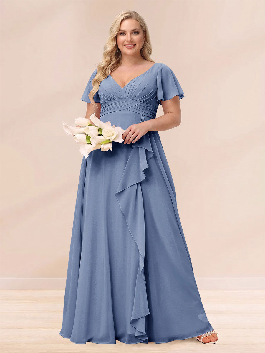 A Line Princess V Neck Long Plus size Bridesmaid Dresses with Ruffles
