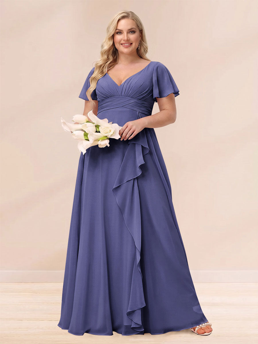 A Line Princess V Neck Long Plus size Bridesmaid Dresses with Ruffles