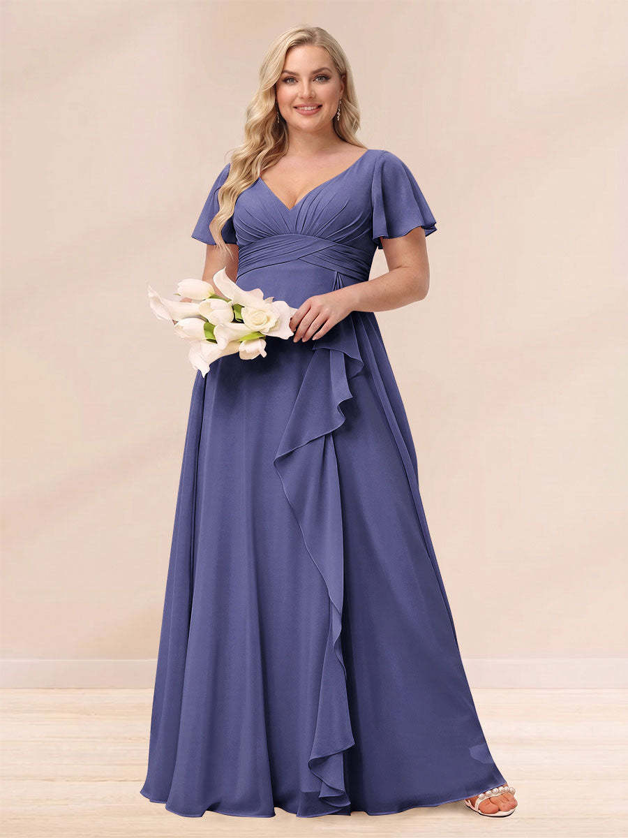 A Line Princess V Neck Long Plus size Bridesmaid Dresses with Ruffles