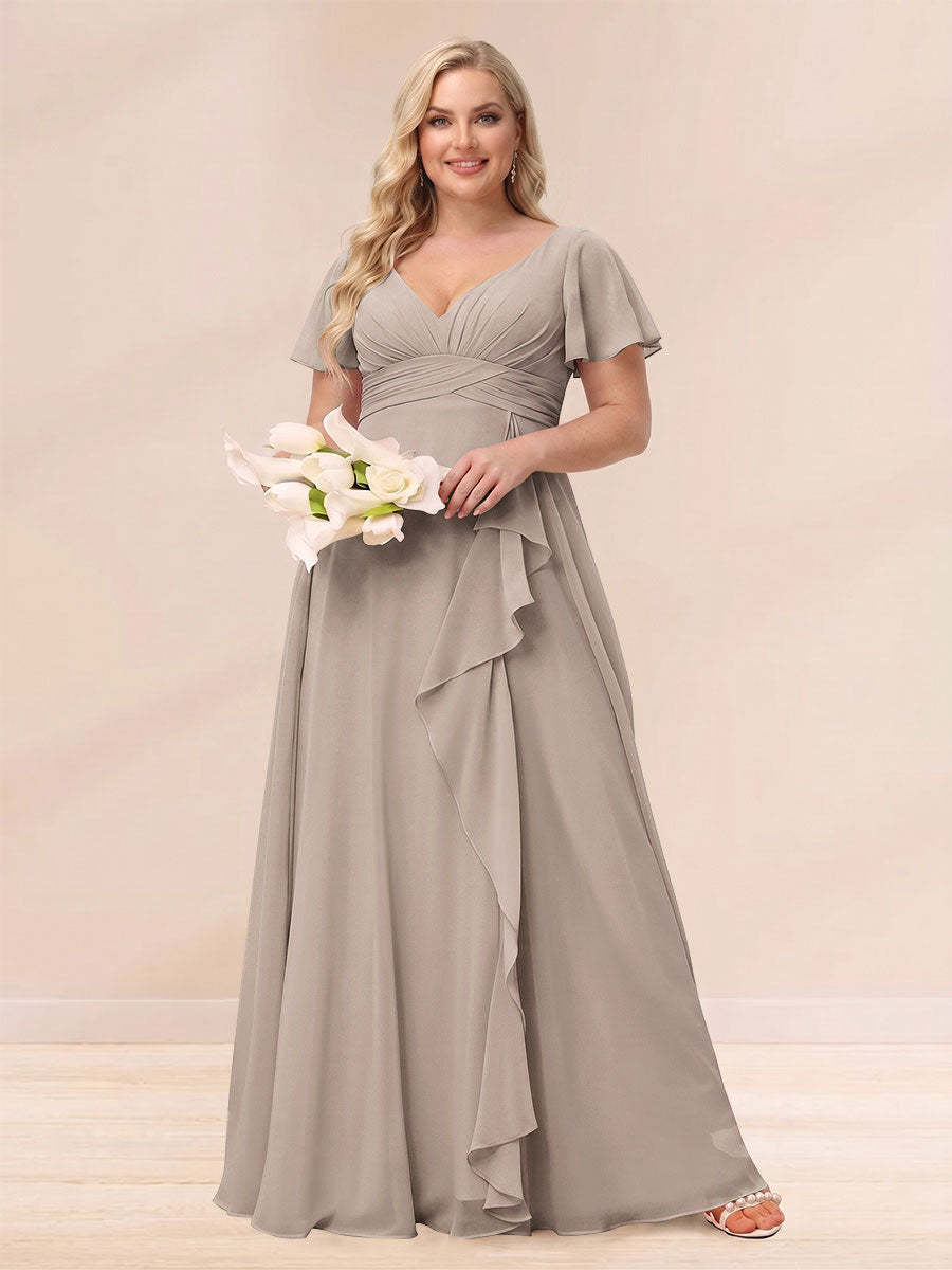 A Line Princess V Neck Long Plus size Bridesmaid Dresses with Ruffles