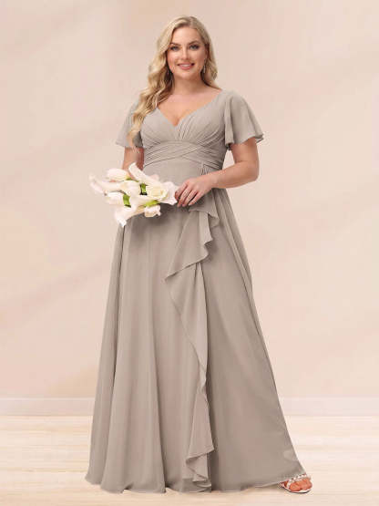 A Line Princess V Neck Long Plus size Bridesmaid Dresses with Ruffles