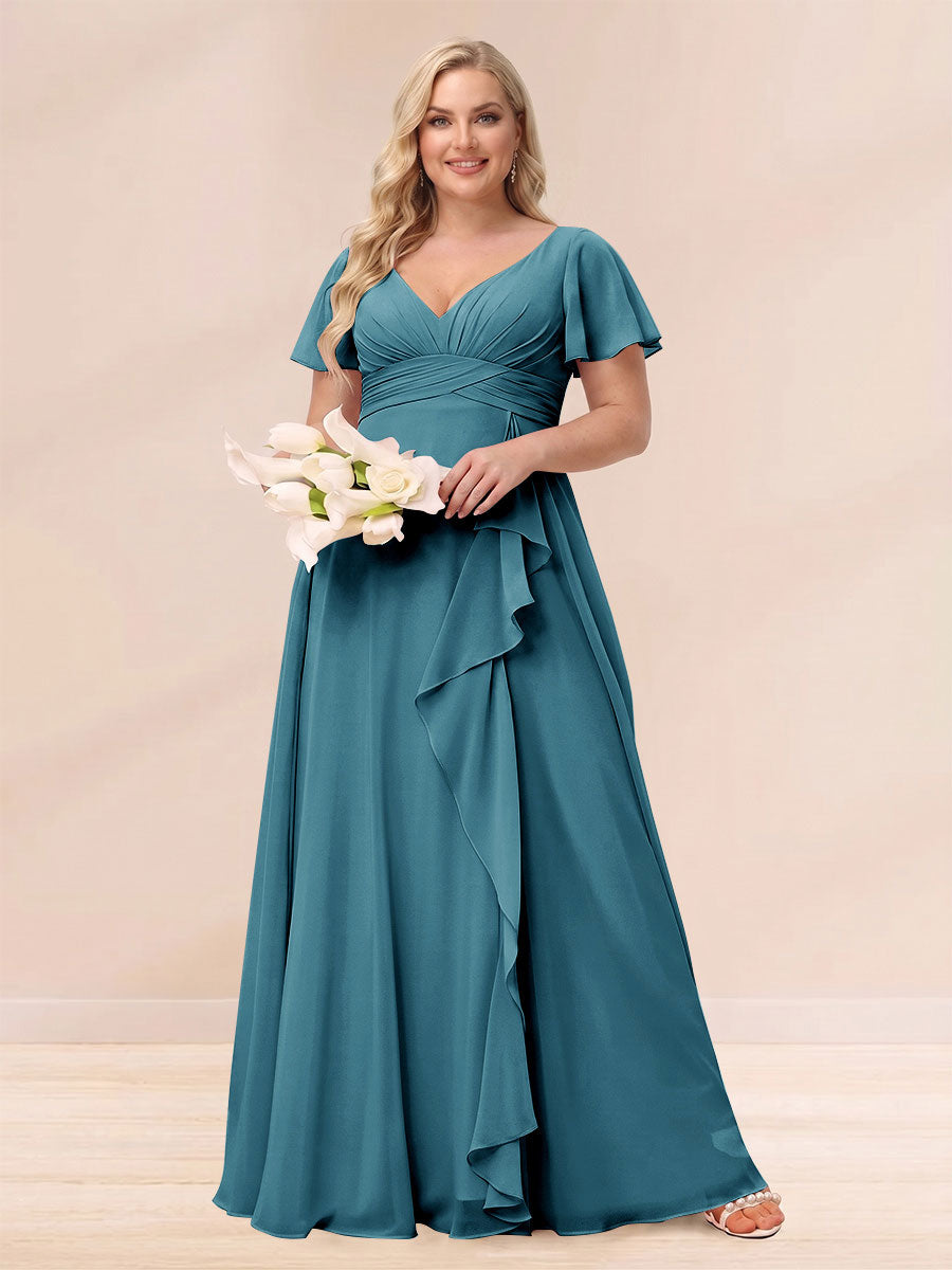 A Line Princess V Neck Long Plus size Bridesmaid Dresses with Ruffles