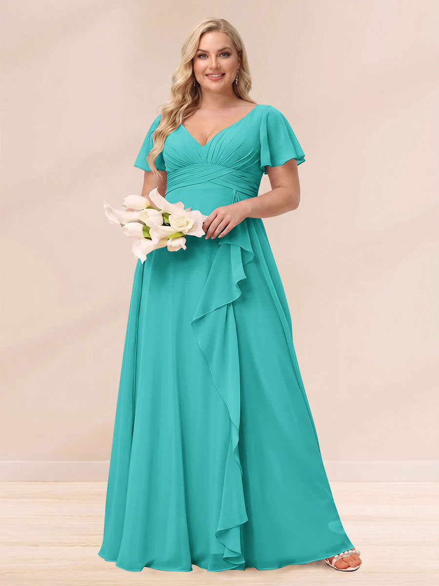 A Line Princess V Neck Long Plus size Bridesmaid Dresses with Ruffles