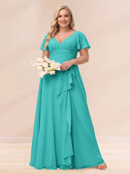 A Line Princess V Neck Long Plus size Bridesmaid Dresses with Ruffles