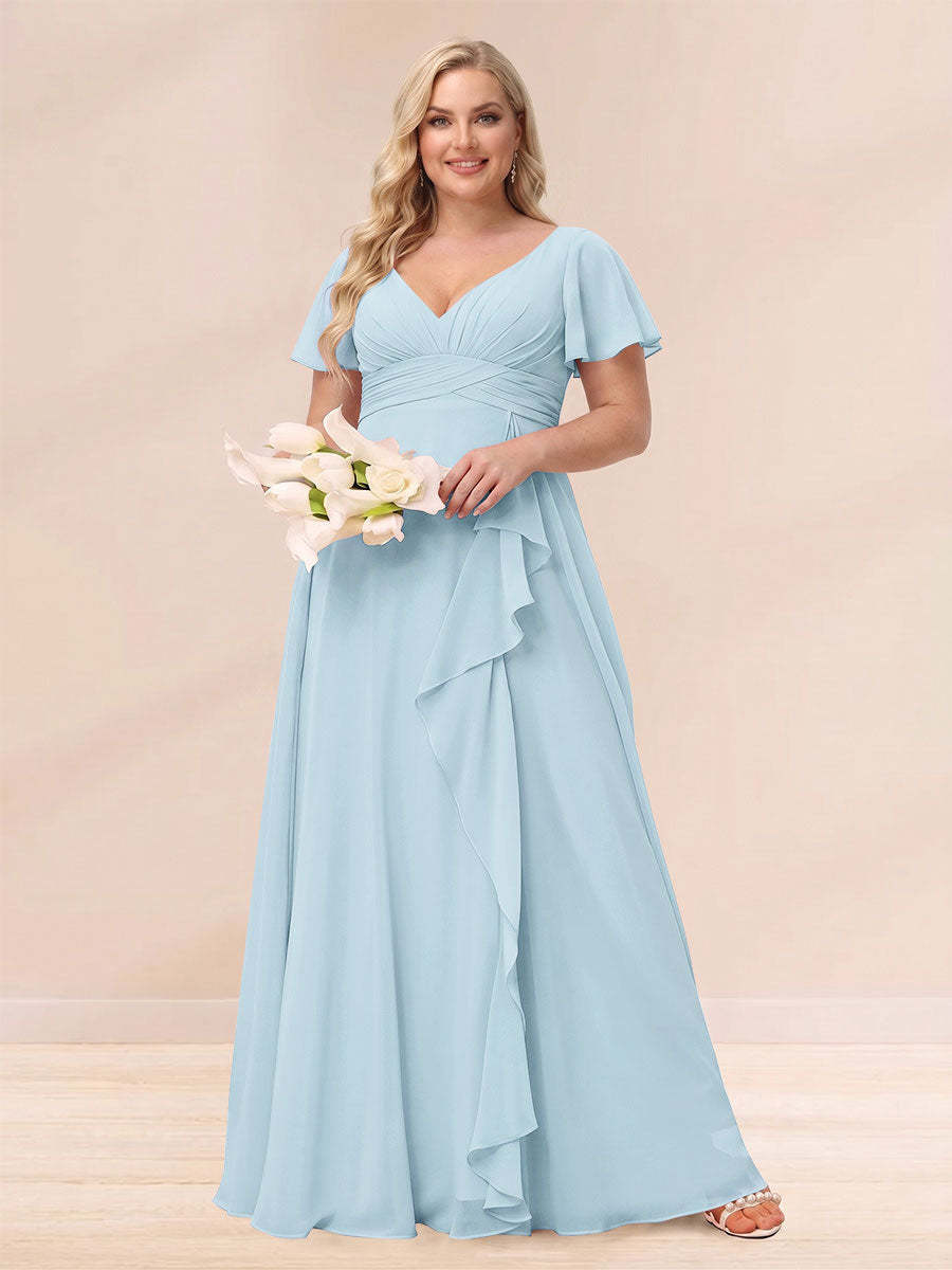 A Line Princess V Neck Long Plus size Bridesmaid Dresses with Ruffles
