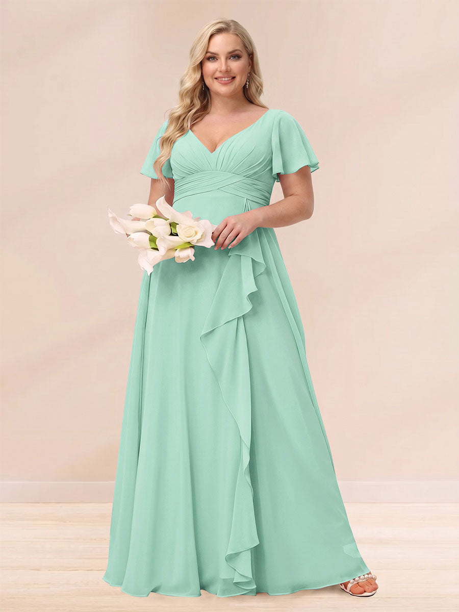 A Line Princess V Neck Long Plus size Bridesmaid Dresses with Ruffles