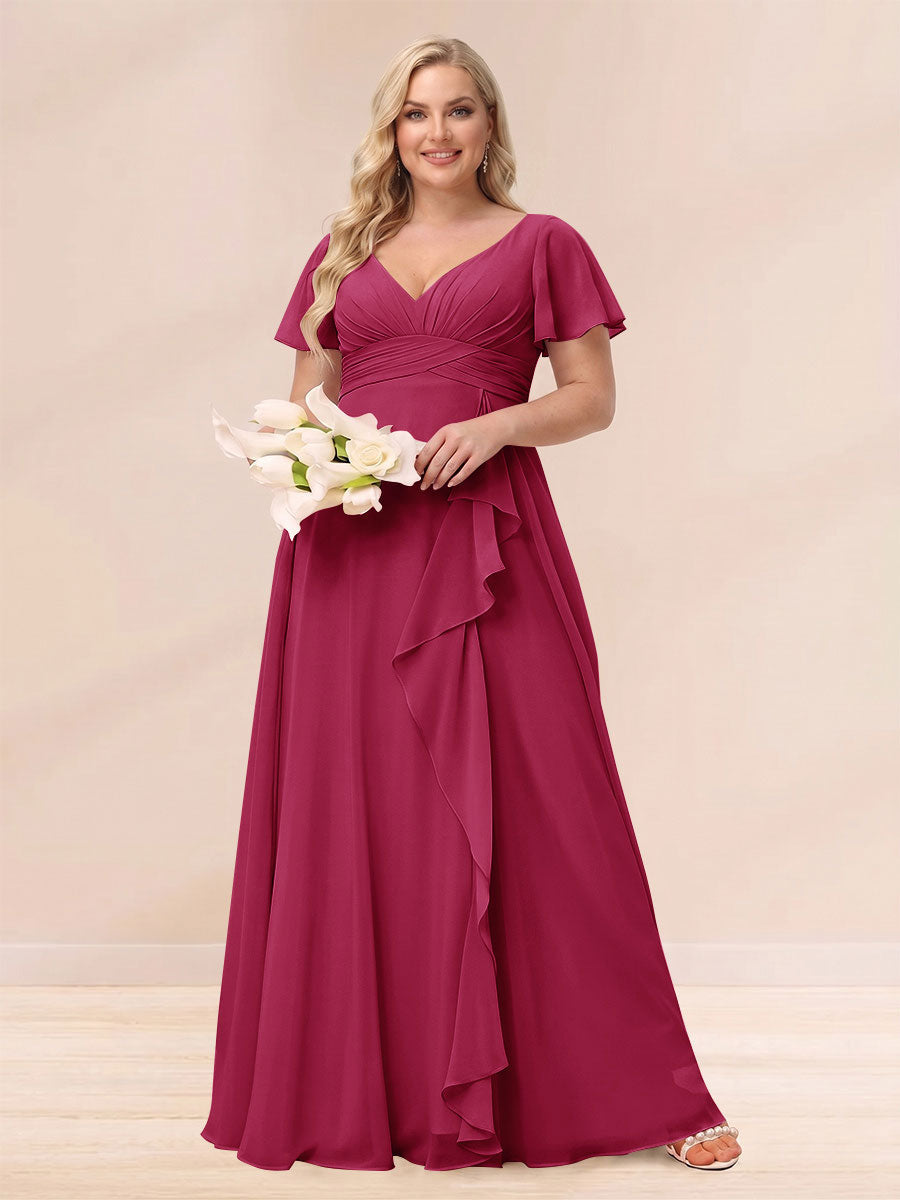 A Line Princess V Neck Long Plus size Bridesmaid Dresses with Ruffles