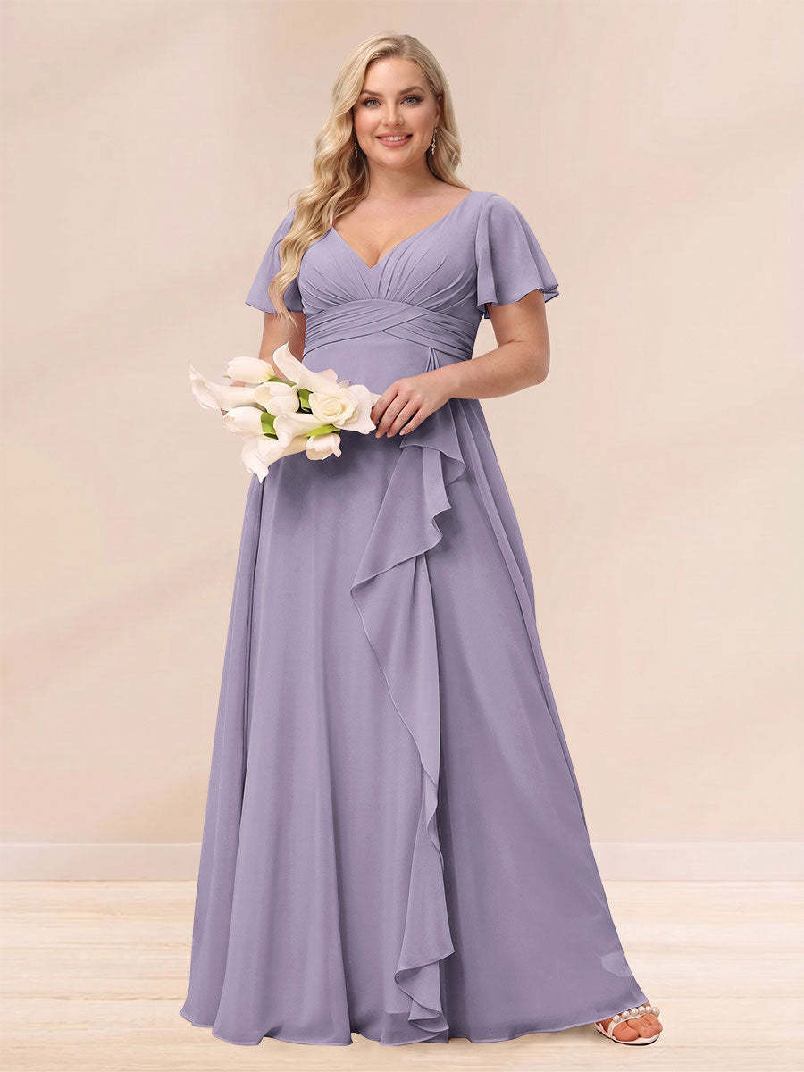 A Line Princess V Neck Long Plus size Bridesmaid Dresses with Ruffles
